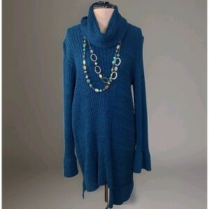 Sympli Womens Cowl Sweater Tunic Top Sz XL  Teal Asymmetric Hem With Necklace
